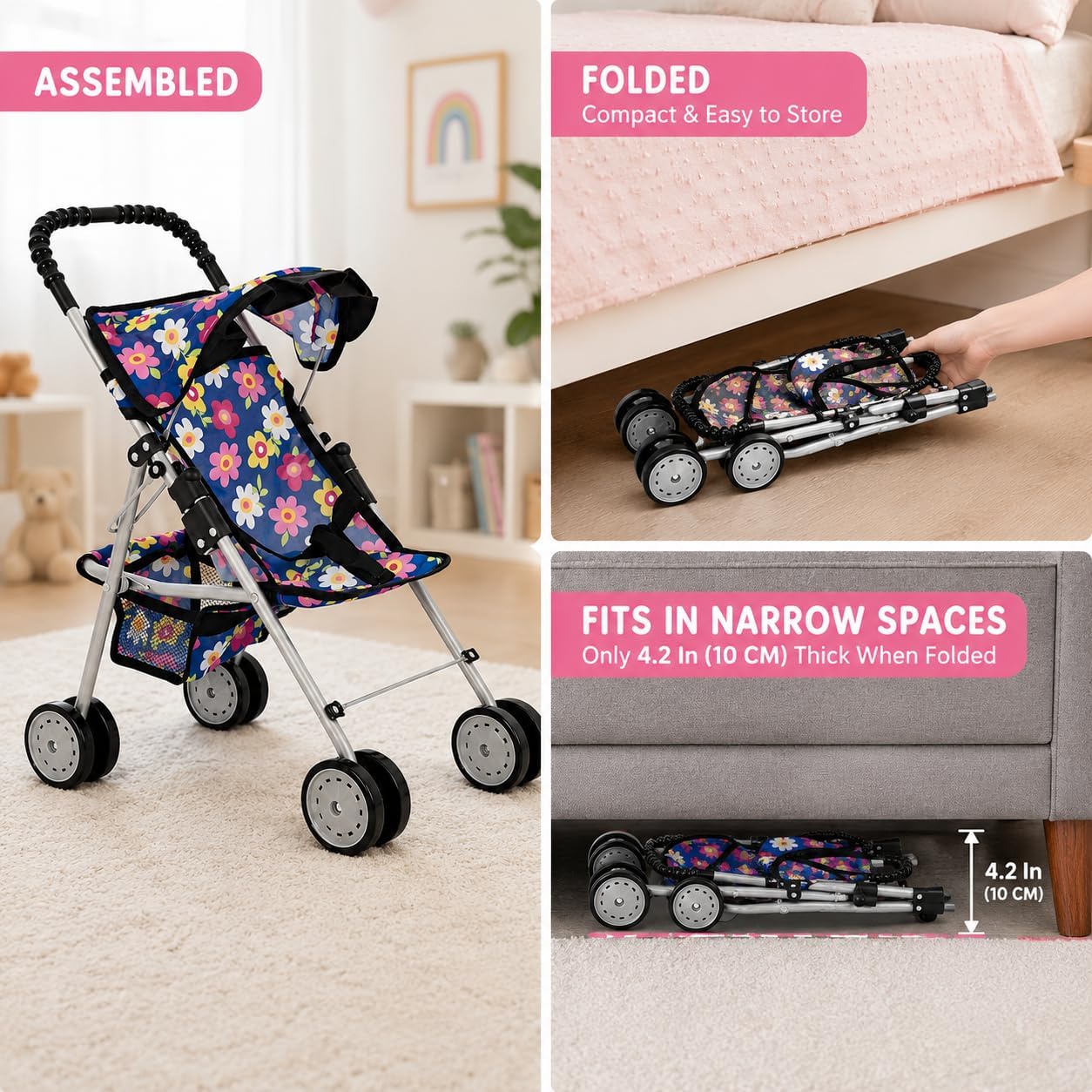  My First Baby Doll Stroller for Kids – Foldable Toy Stroller for 18 Ich Dolls with Storage Basket Double Wheels & Foldable Caopy – Preted Play Doll Stroller, Flower Desig thumbnail