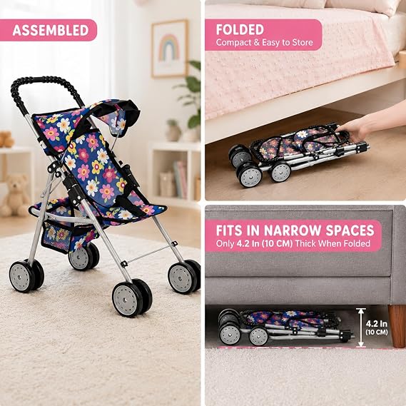 fash n kolor My First Baby Doll Stroller for Kids Foldable Toy Stroller for 18 Inch Dolls with Storage Basket Double Wheels & Foldable Canopy Pretend Play Doll Stroller, Flower Design