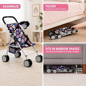 fash n kolor My First Baby Doll Stroller for Kids Foldable Toy Stroller for 18 Inch Dolls with Storage Basket Double Wheels & Foldable Canopy Pretend Play Doll Stroller, Flower Design