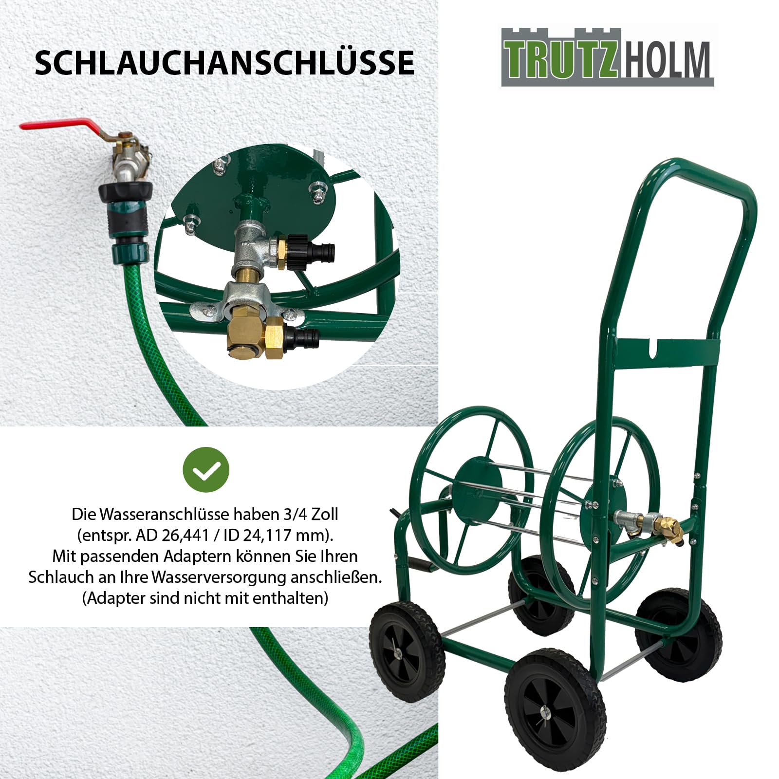 TRUTZHOLM Schlauchwagen Basic 4 Räder 95,5 x 58 cm Stahl, für 50 m Gartenschlauch 3/4" Anschluß grün