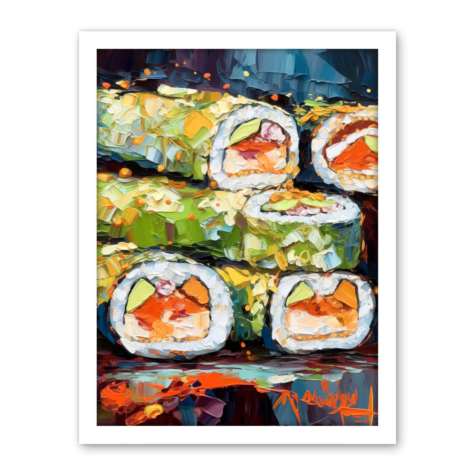 Artery8 Vibrant Japanese Cuisine Sushi Roll Oil Painting Artwork Framed Wall Art Print 18X24 Inch