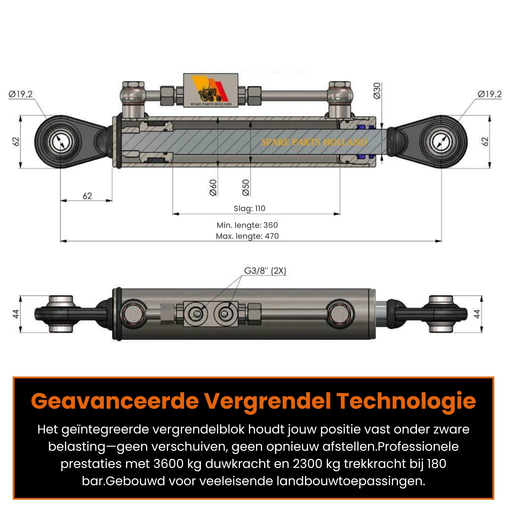 Sparepartsholland Hydraulischer Oberlenker Kat.1-1 mit Sperrblock 360–470 mm | 3/8" Hydraulikanschluss, 250 bar, 2 Schläuche inkl.