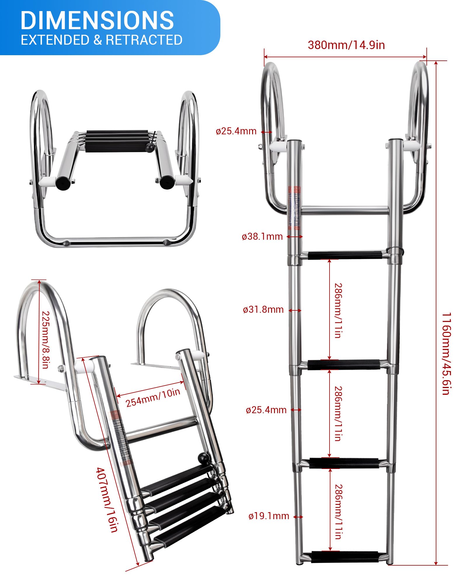 Scaletta telescopica in acciaio inox a 4 gradini per imbarcazioni marine e piscine, 249,5 kg (4 gradini)
