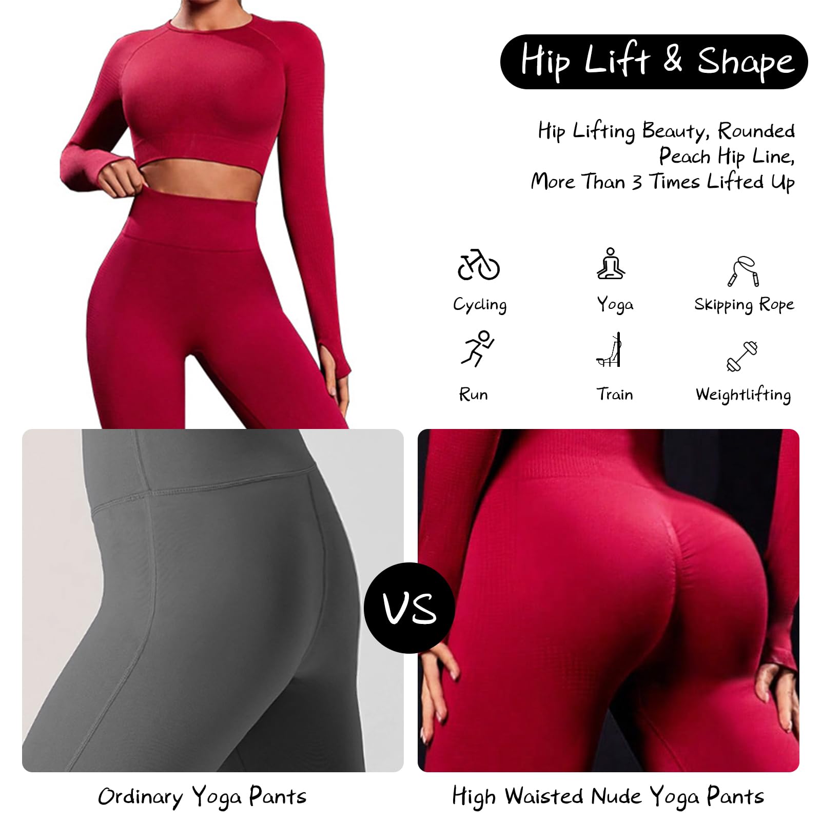 Conjunto Deportivo Mujer Conjunto de Entrenamiento de 2 Piezas Elásticos Leggings de Alta Cintura Top Deportivo de Mangas Largas Conjuntos de Ropa para Yoga Pilates