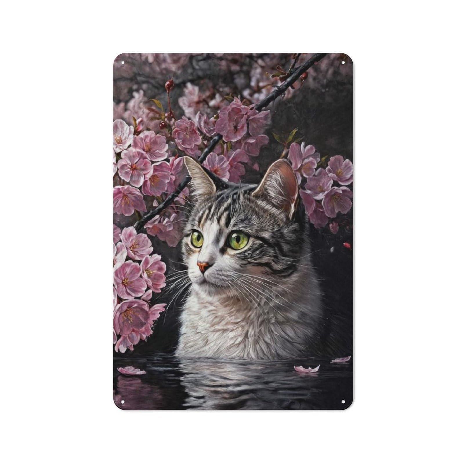 Junmoney Style-7 Cat With Cherry Blossoms Nostalgic Metal Wall Decor 30X20cm, Vintage Tin Sign For Living Room, Hallway, Kitchen Or Cafe