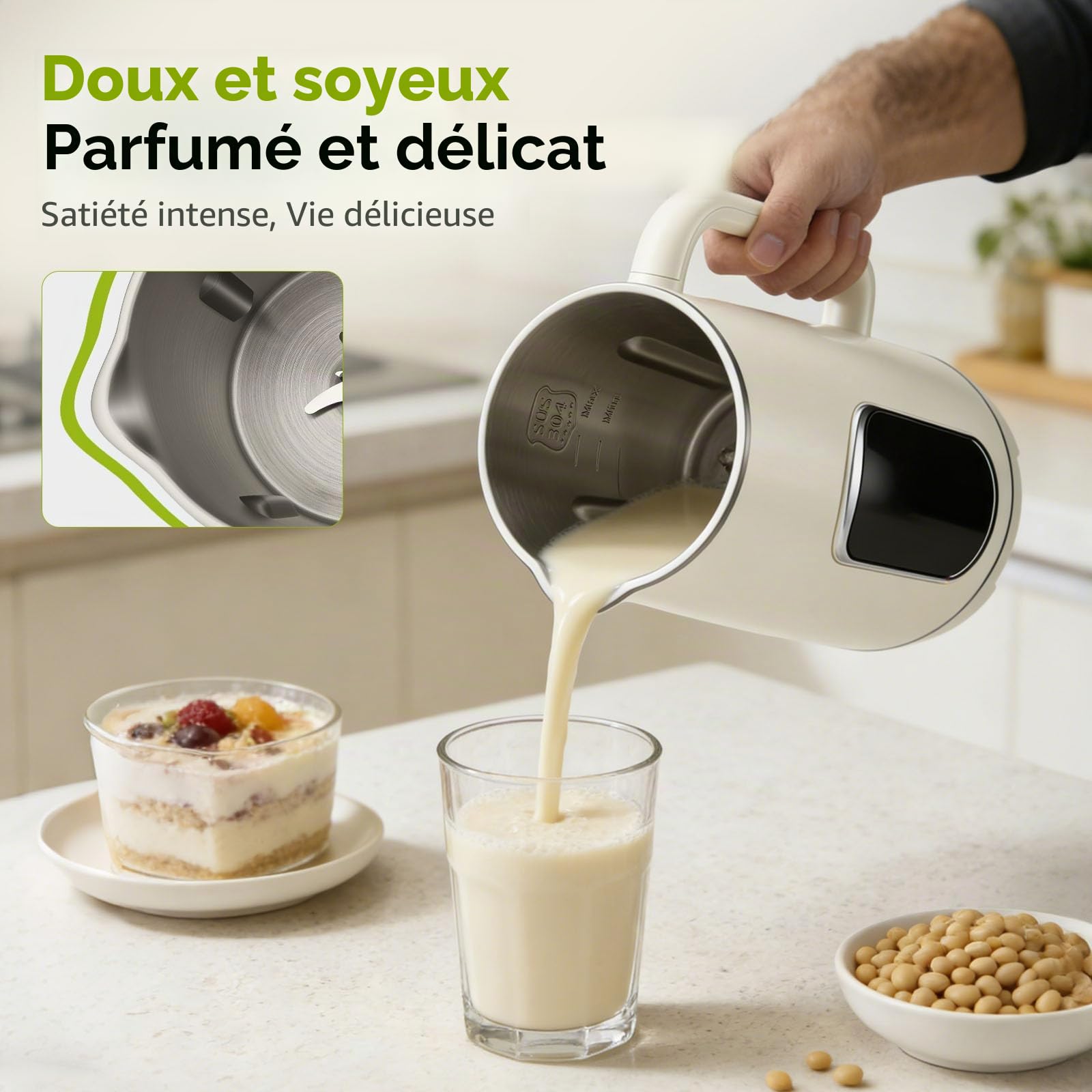 Machine à lait de soja, 1200 ml, automatique, avec 12 lames, affichage LED, fonction de maintien au chaud pendant 8 heures et auto-nettoyage pour lait végétal, soja, lait d'amande, avoine