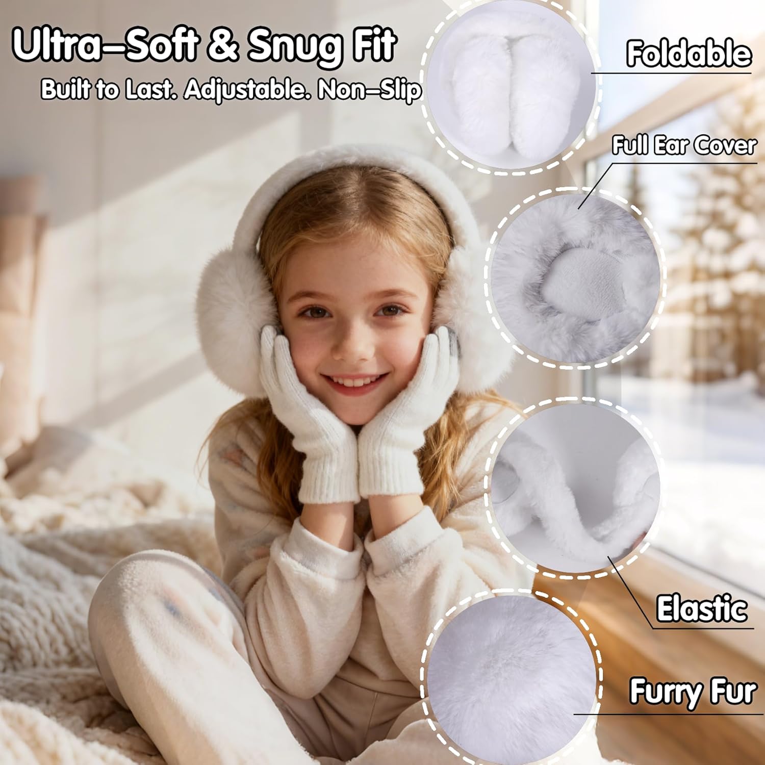 BEARAE Winter Ear Muffs Gloves Set, Fuax Fur Earmuffs with Glove, Foldable Fluffy Ear Warmer Muff for 7-12T Kids Girls Boys - Image 3