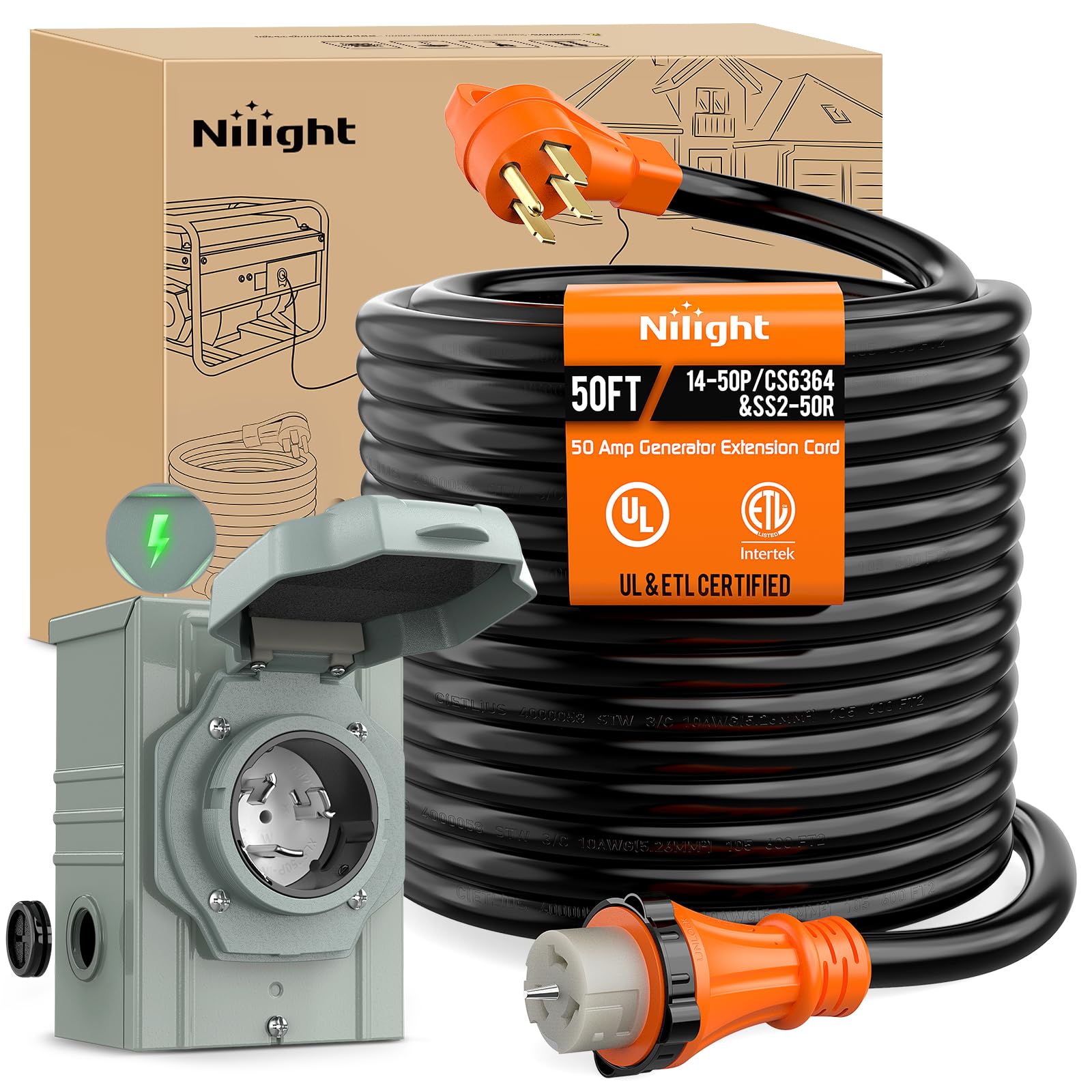 Nilight 50A 55FT Generator Extension Cord and Power Inlet Box