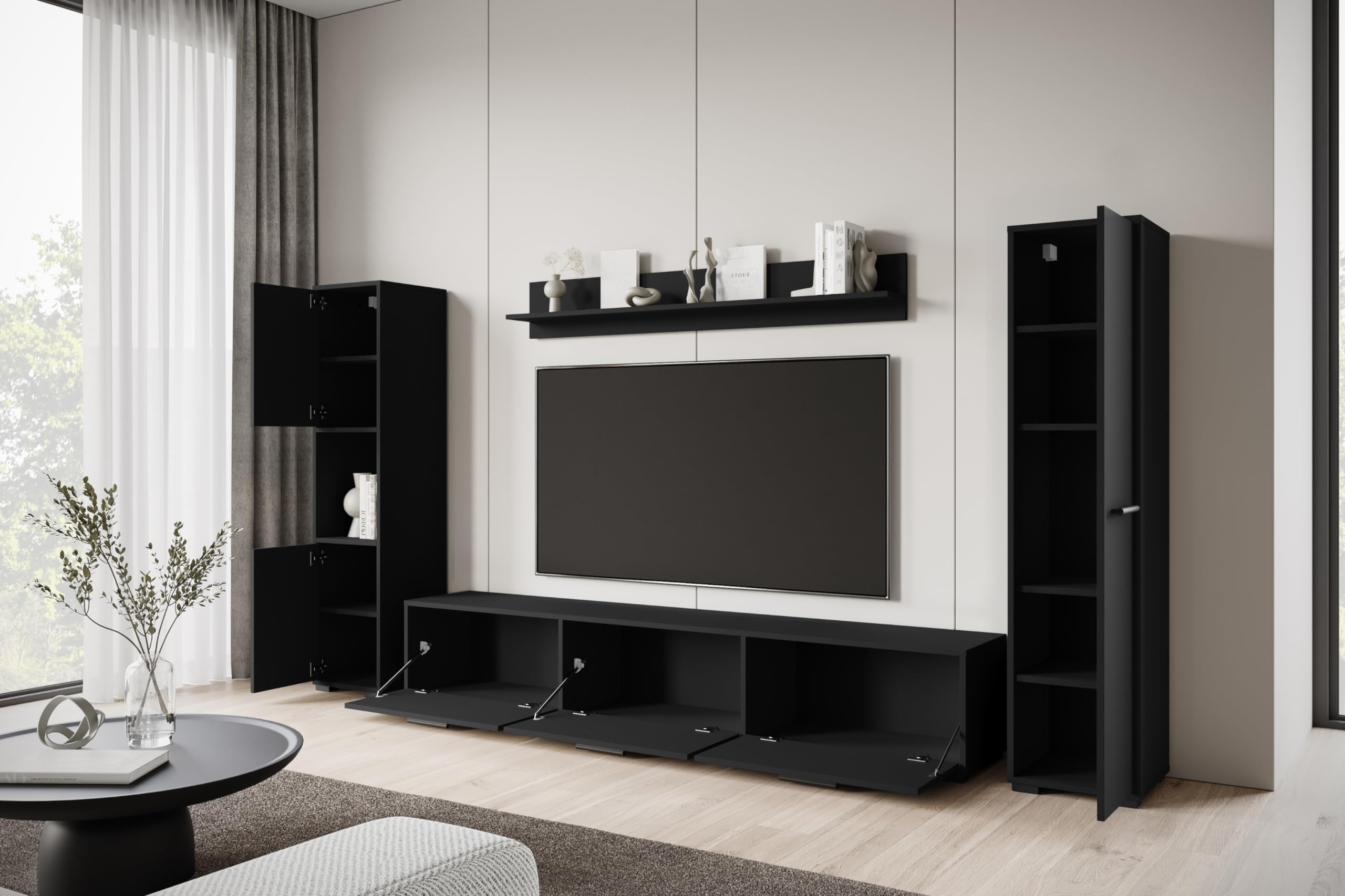 MINIO go for it - Wohnwand Wohnzimmer 4-teilig Toga, Wohnzimmer Möbel Set, 1x TV Lowboard, 2X Hochschrank, 1x Wandboard, Wohnzimmermöbel Komplett, Wohnzimmer Set - Farbe Schwarz Graphit Matte