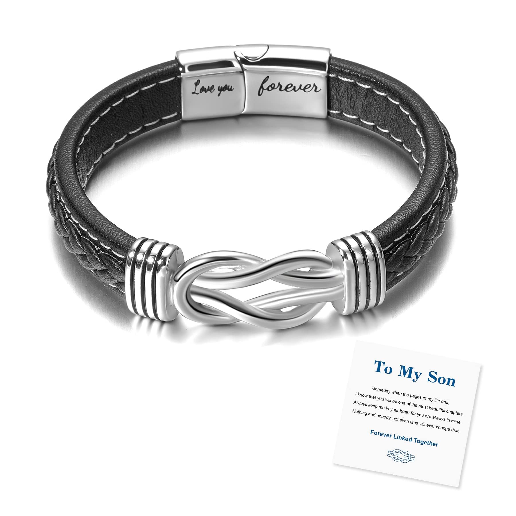 Gmai To My Son To My Grandson Bracelet Love You Forever Braided Leather Knot Bracelet Stainless Steel Magnetic Closure Leather Knot Cuff Wristband
