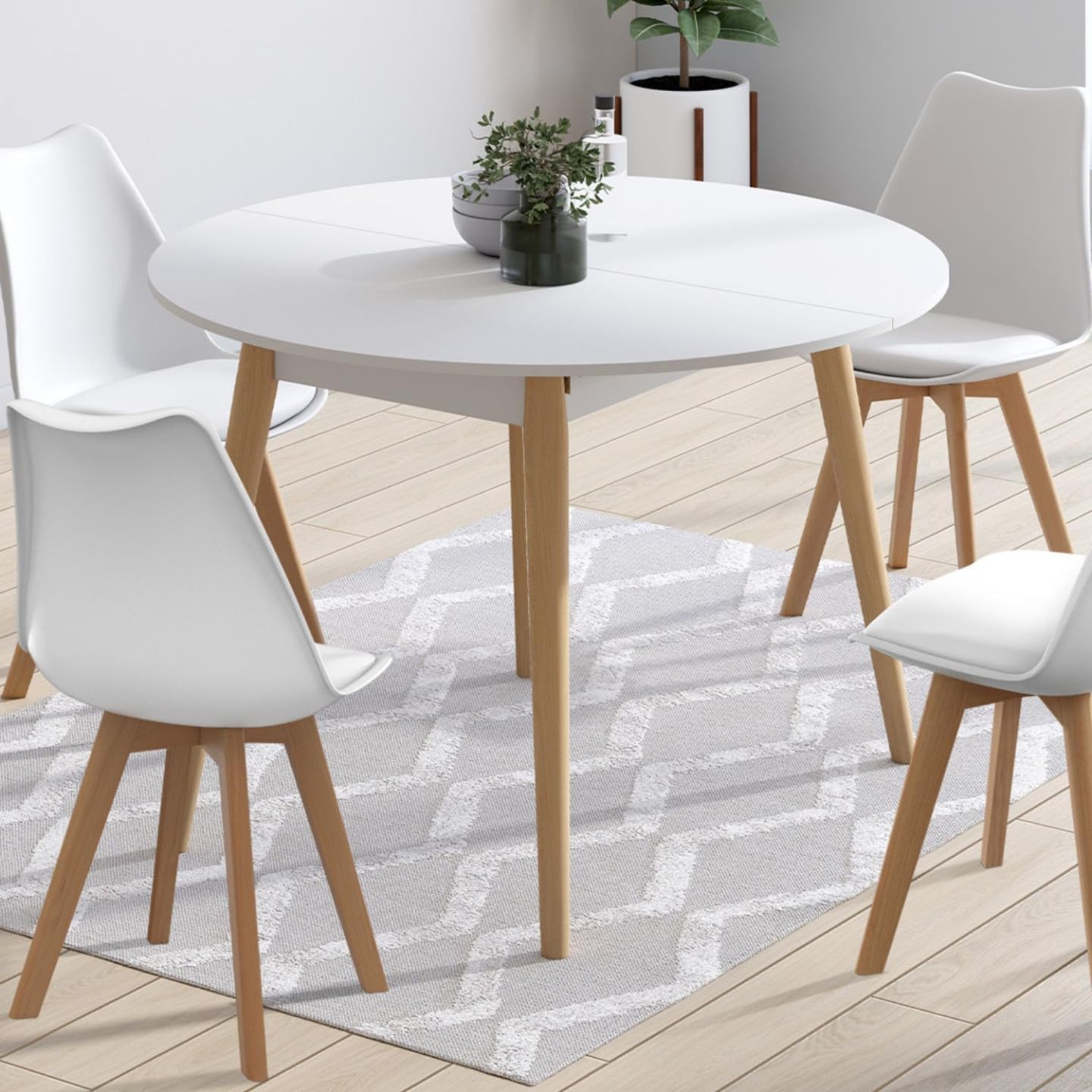 IDMarket - Ensemble Table à Manger Extensible Ronde Angela Blanc Pied Bois 110-150 cm et 4 chaises SARA Blanches