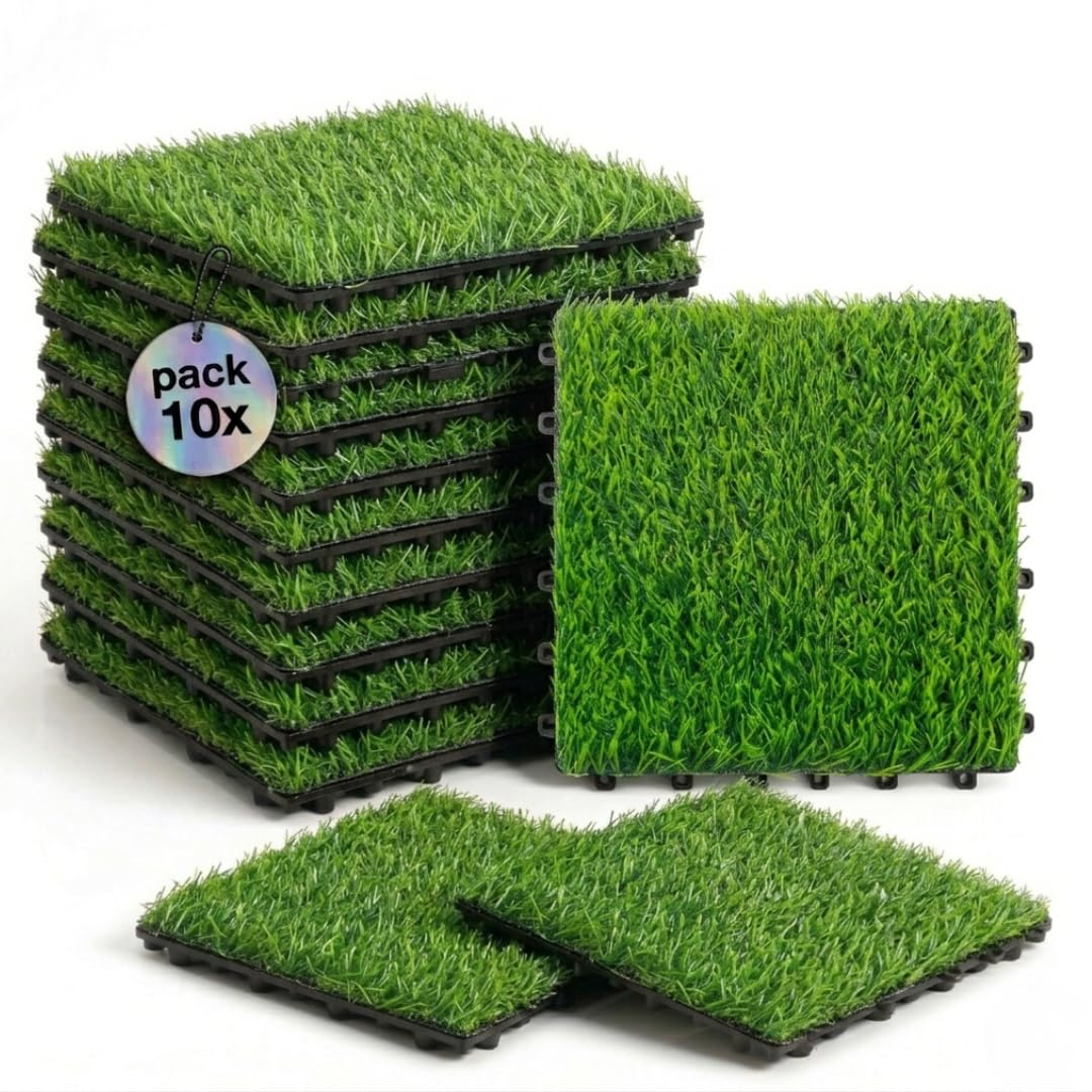 ActivoTex Piastrelle Da Giardino 30x30 cm 10 Pezzi – Pavimento Esterno Ad Incastro con Erba Sintetica, Pavimento Giardino per Balcone, Patio e Terrazza, Drenante e Facile da Installare