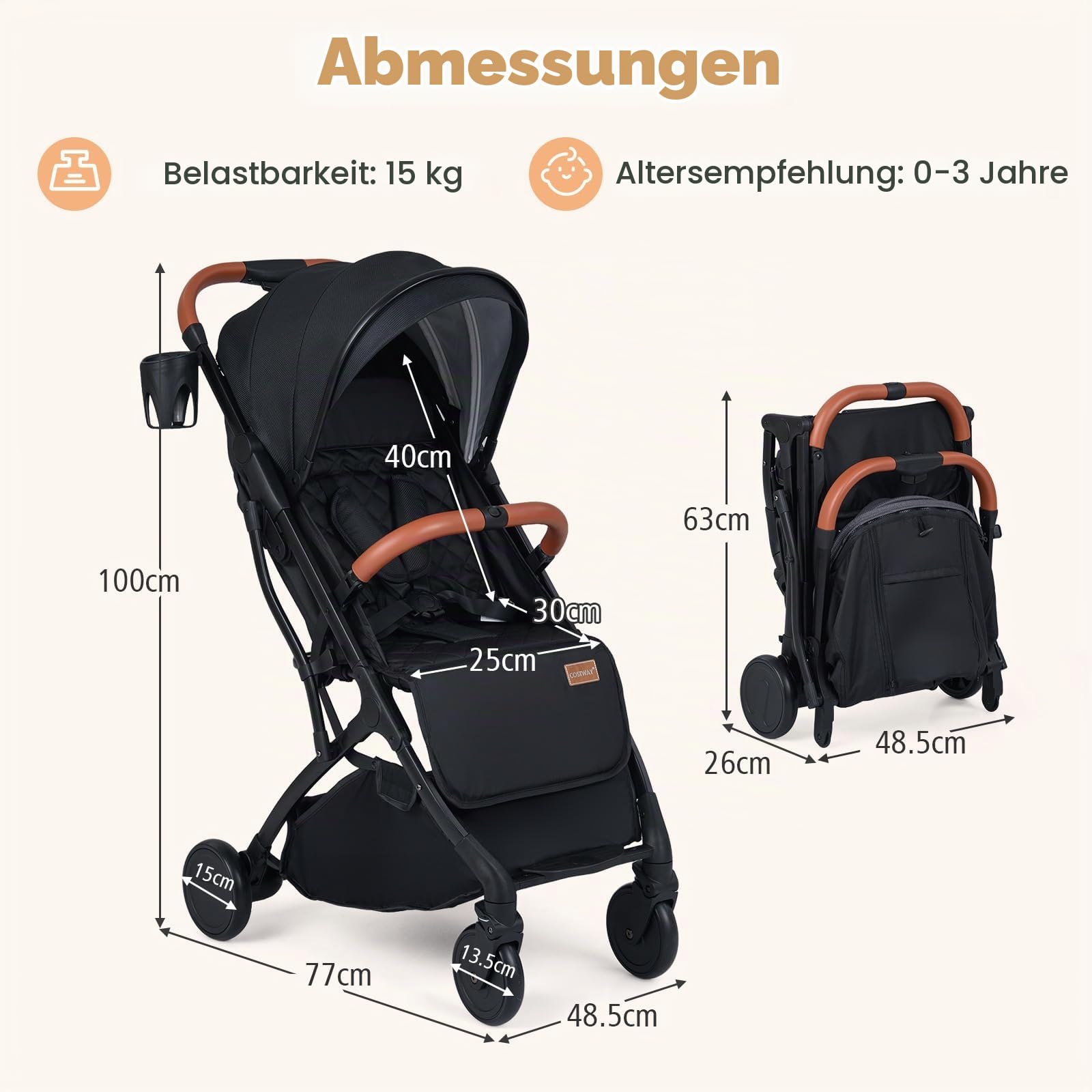 COSTWAY Kinderwagen klappbar mit Regenschutz, Reisebuggy mit verstellbarem Rückenlehne, Fußstütze, Verdeck & Griff, Babywagen mit Liegefunktion, Buggy für Baby bis 3 Jahren, 15 kg belastbar (Schwarz)