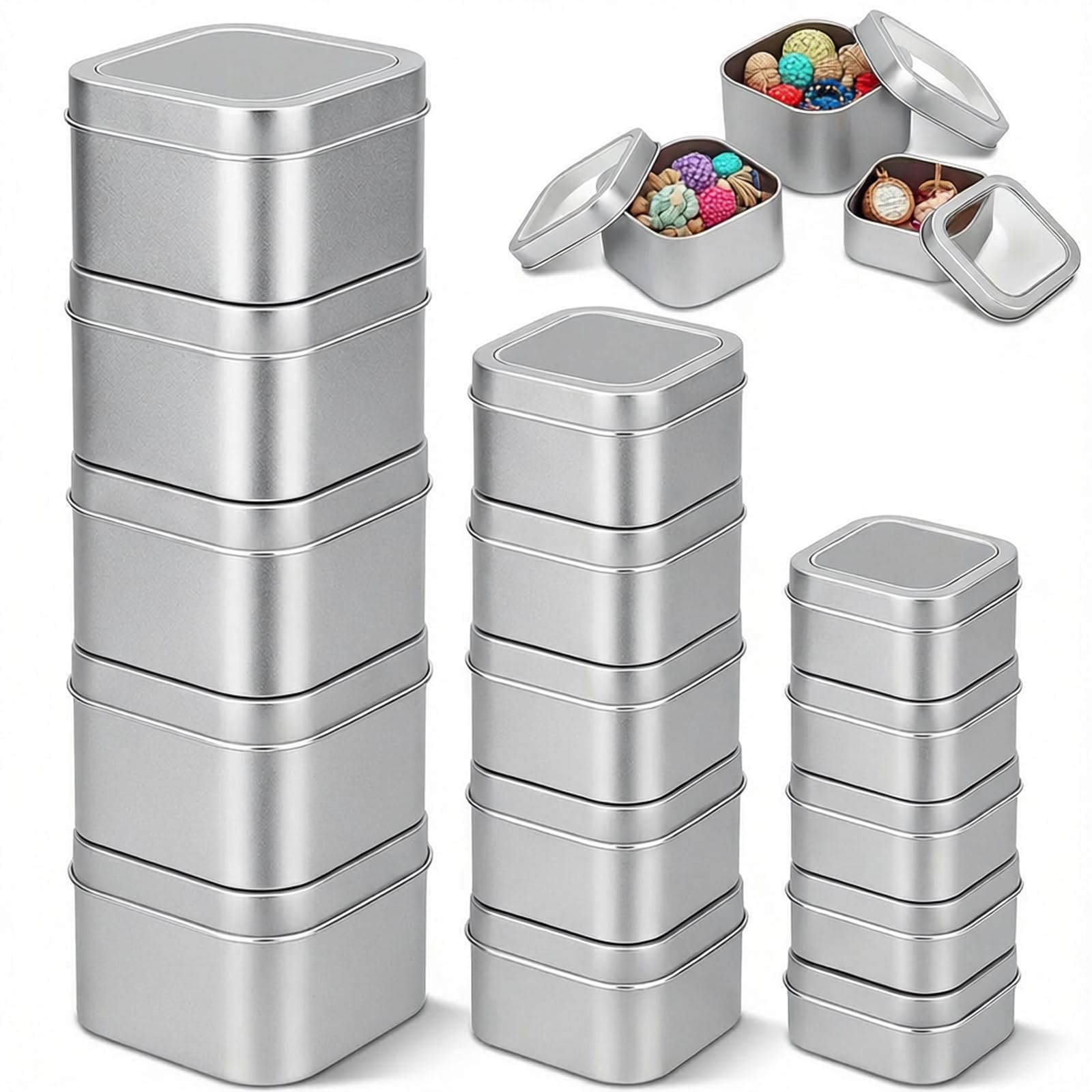 18-Pack Empty Square Silver Metal Tins with Clear Window for Candle Making, Candies, Gifts & Treasures, Mixed Sizes