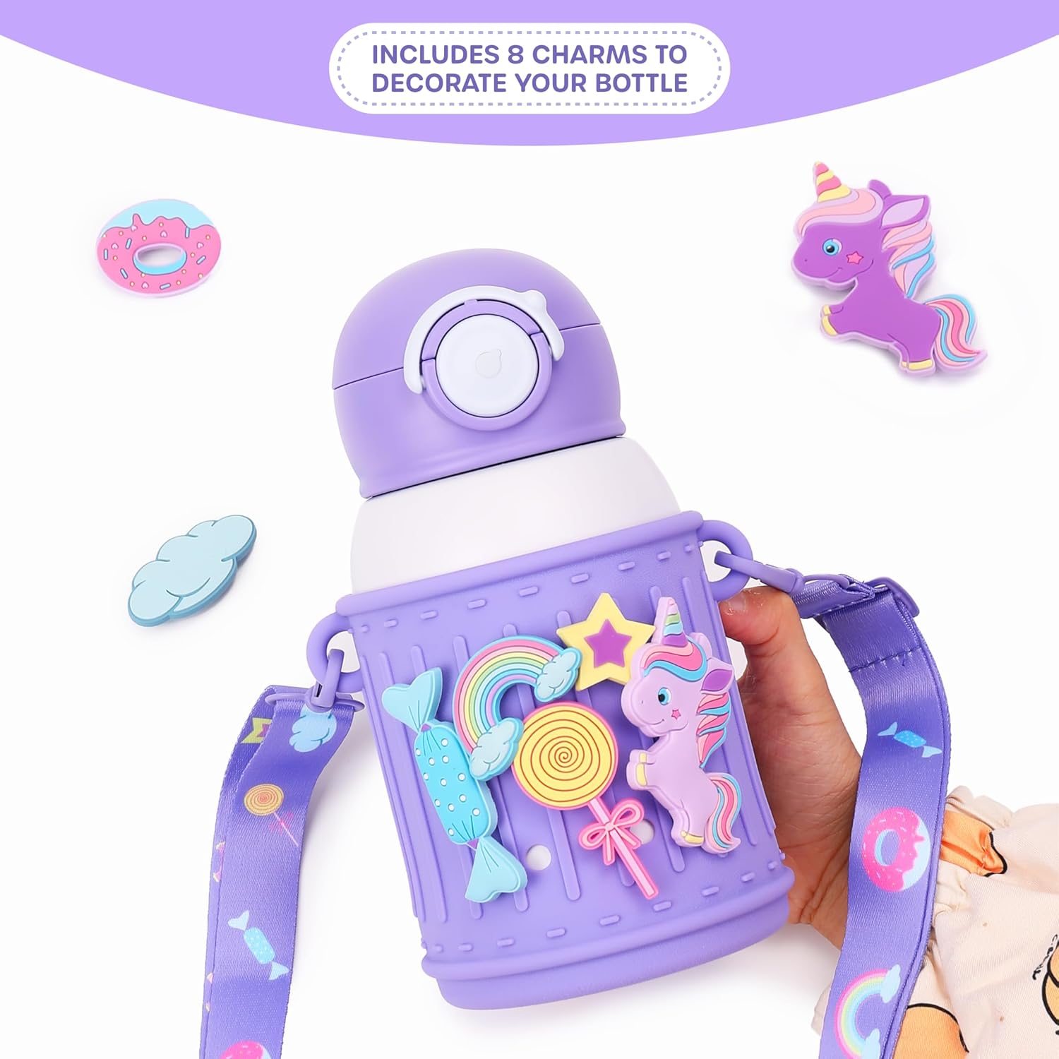 Kids Insulated Tumbler Set 16oz – Stainless Steel Water Bottle with Straw Lid & Pour Lid, Leakproof BPA-Free Cup, Silicone Sleeve, Charms & Strap – Insulated Kids Bottle for School & Travel