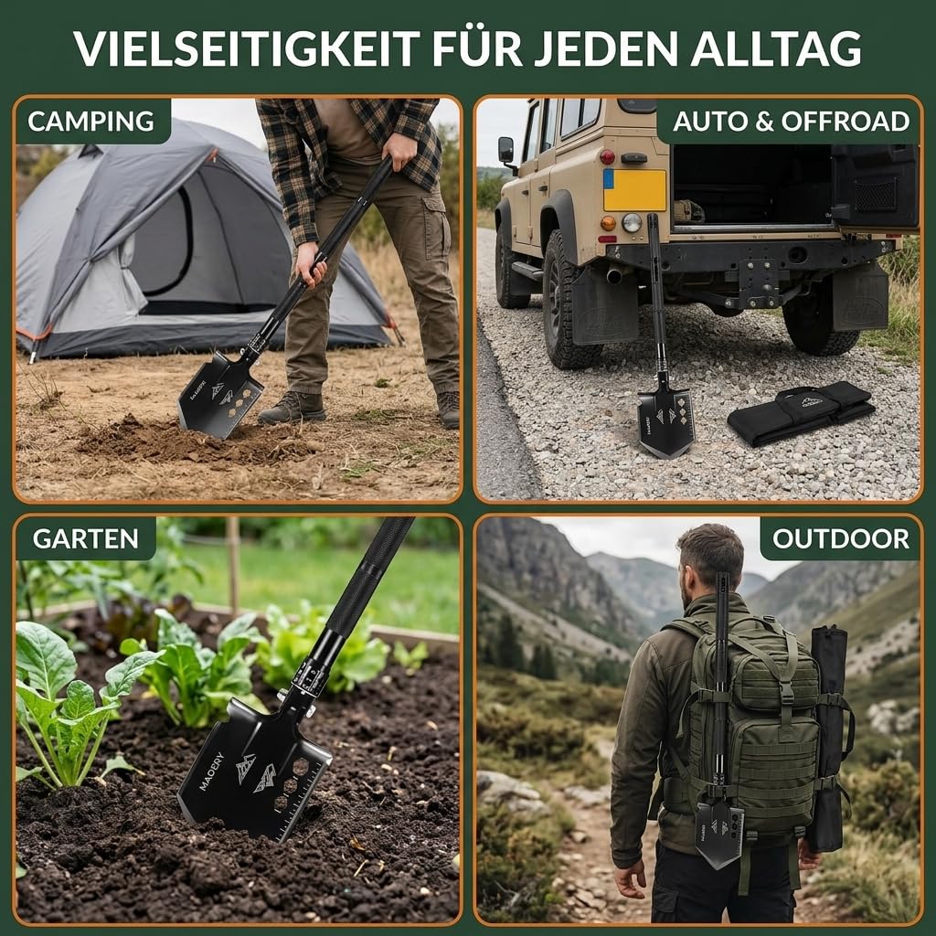 Klappspaten 11-in-1 Edelstahl Survival Schaufel | mit Tasche, für Camping, Auto & Garten, Geschenkidee für Männer