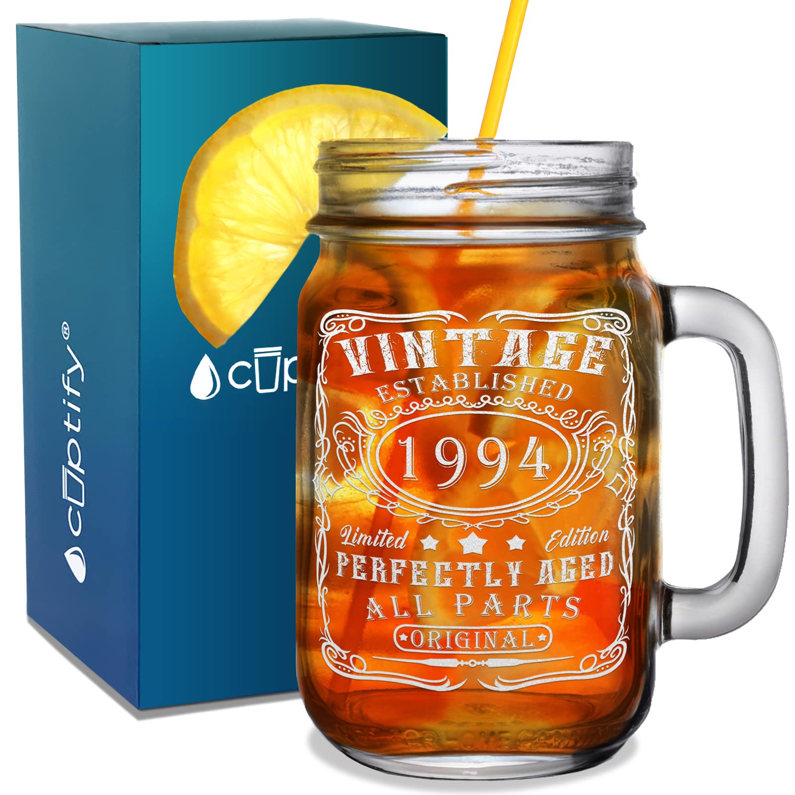 Cuptify 29th Birthday Perfectly Aged 29 Years Old Established 1994 Etched Mason Jar Glass 16 oz Drinking Glasses with Handle