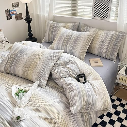 Miniatura 3 de VM VOUGEMARKET Juego de funda de edredón tamaño King, funda de edredón a rayas amarillas y grises con 2 fundas de almohada, juego de ropa de cama de