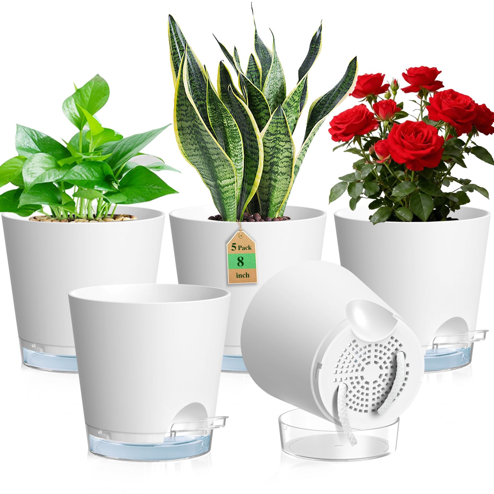 WSMKSZ 20 cm Self Watering Plant Pots Indoor, 5 Pack Thick Plastic Flower Pots with Clear Reservoir, Visible Water Level and Drainage Holes, Medium Planter Pots with Cotton Wick for Outdoor, White