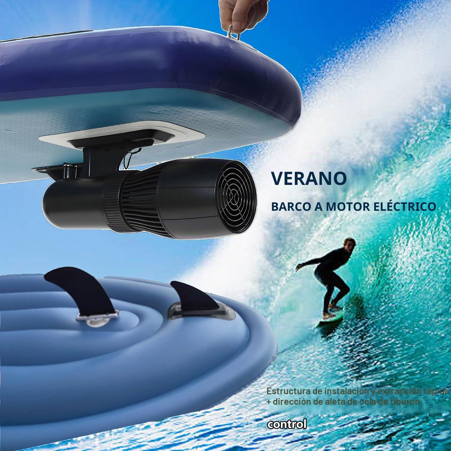 Moto acuática inflable eléctrica, kit de bote combinado inflable con motor SUP, propulsor a control remoto, bolsa de almacenamiento para asa y propulsor, capacidad máxima de 330 lb,500W10A