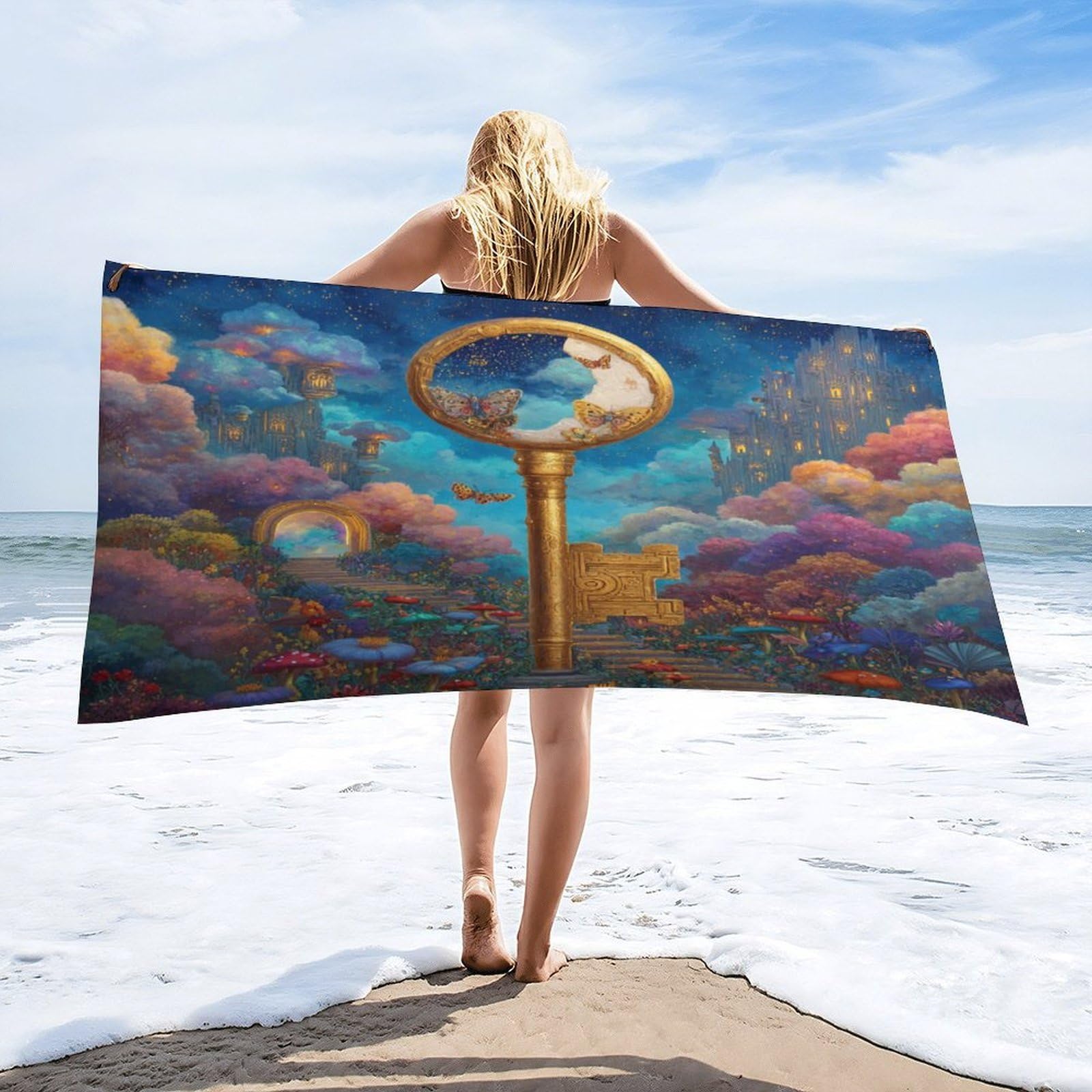 Luyysky Beautiful Abstract Fairy Garden Quick-Drying Beach Towel, Rustic Realistic Starry Sky Galaxy Animal Butterflies Floral Travel Vacation Single Sided Pile Bathroom Towels-80 W Cm X 160" L Cm