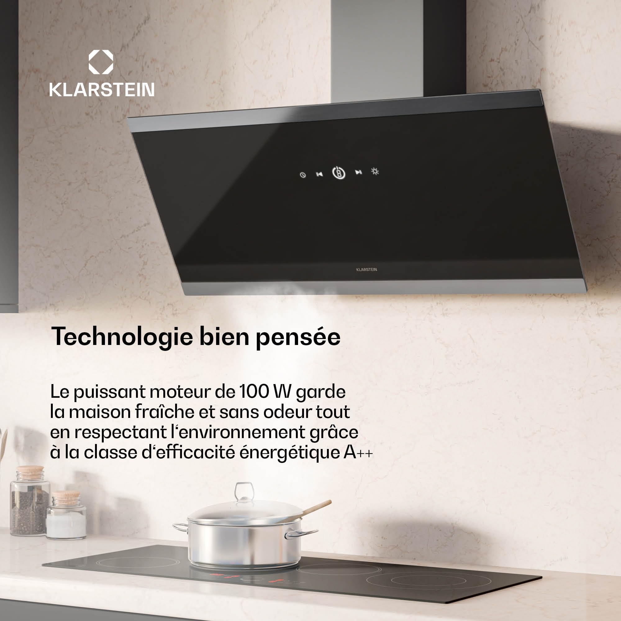 Klarstein FlashLine hotte aspirante 90 cm, 524 m³/h, CEE A++, écran tactile, LED, 34,5 dB, noire