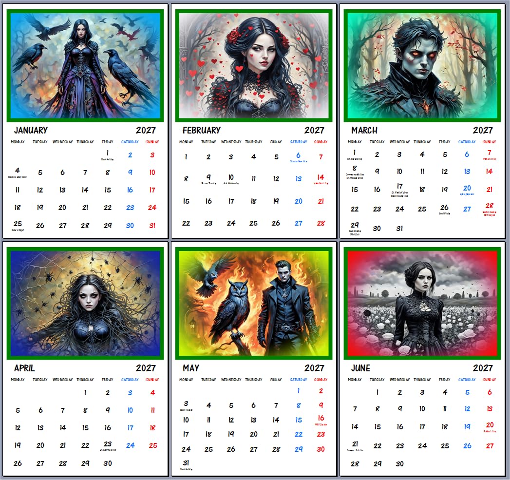 Goth 2027 Wall Calendar A4 Size each Month