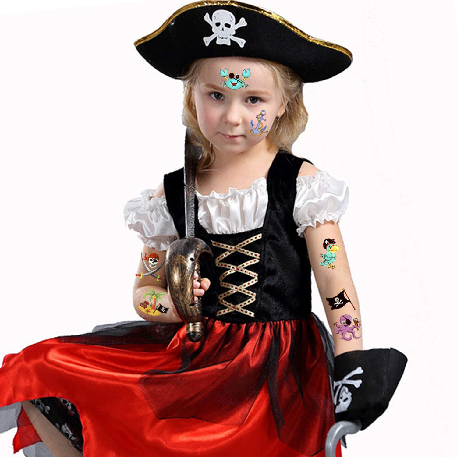 HOWAF Pirati Tatuaggi Temporanei per Bambini, 96Pcs Tatuaggio Temporaneo Falso Tatuaggi Tattoos Adesivi per Bambini Ragazze Ragazzi Regalo Pirati Festa di Compleanno Bomboniere Giocattolo