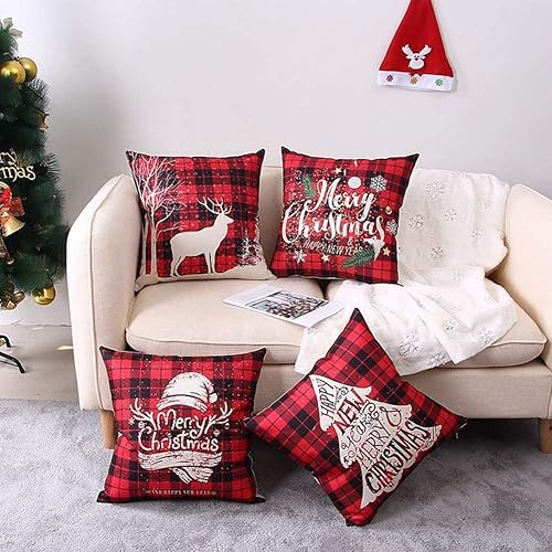 Miniatura 3 de Coeufuedy Juego de 4 fundas de almohada navideñas a cuadros de búfalo de 18 x 18 pulgadas, decoración de almohada de lino y algodón rojo beige para