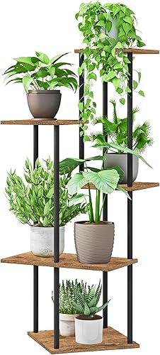 Soporte para plantas de interior de 5 niveles de metal y madera para múltiples macetas de flores, soportes altos de esquina para flores para sala de