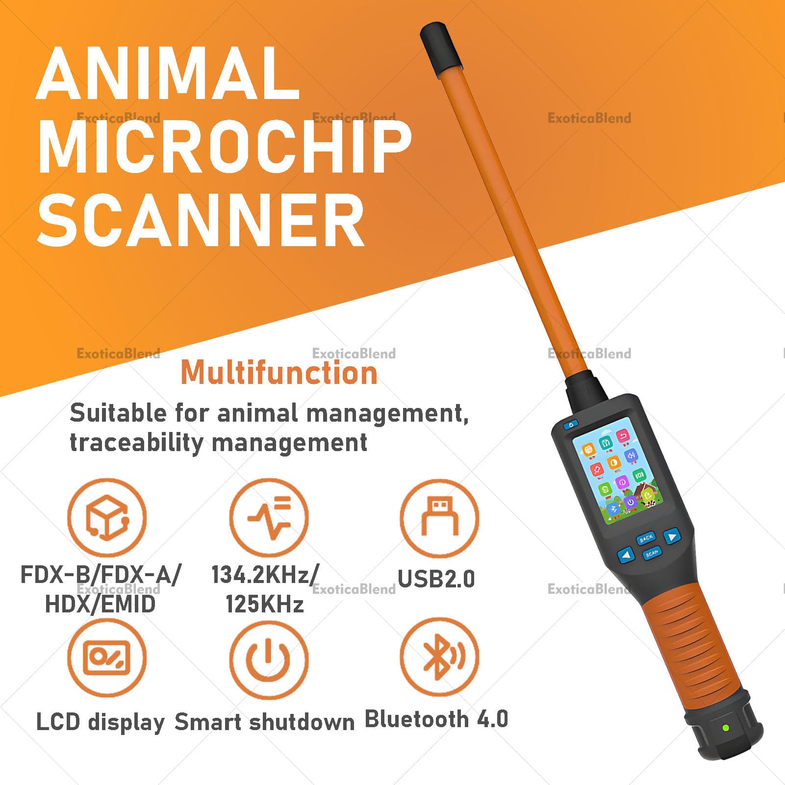Scanner per Microchip Auricolari con Display LCD, Lettore per Microchip, Memoria Fino a 20.000 Dati, per Allevamenti, Rifugi e Proprietari di Animali Domestici