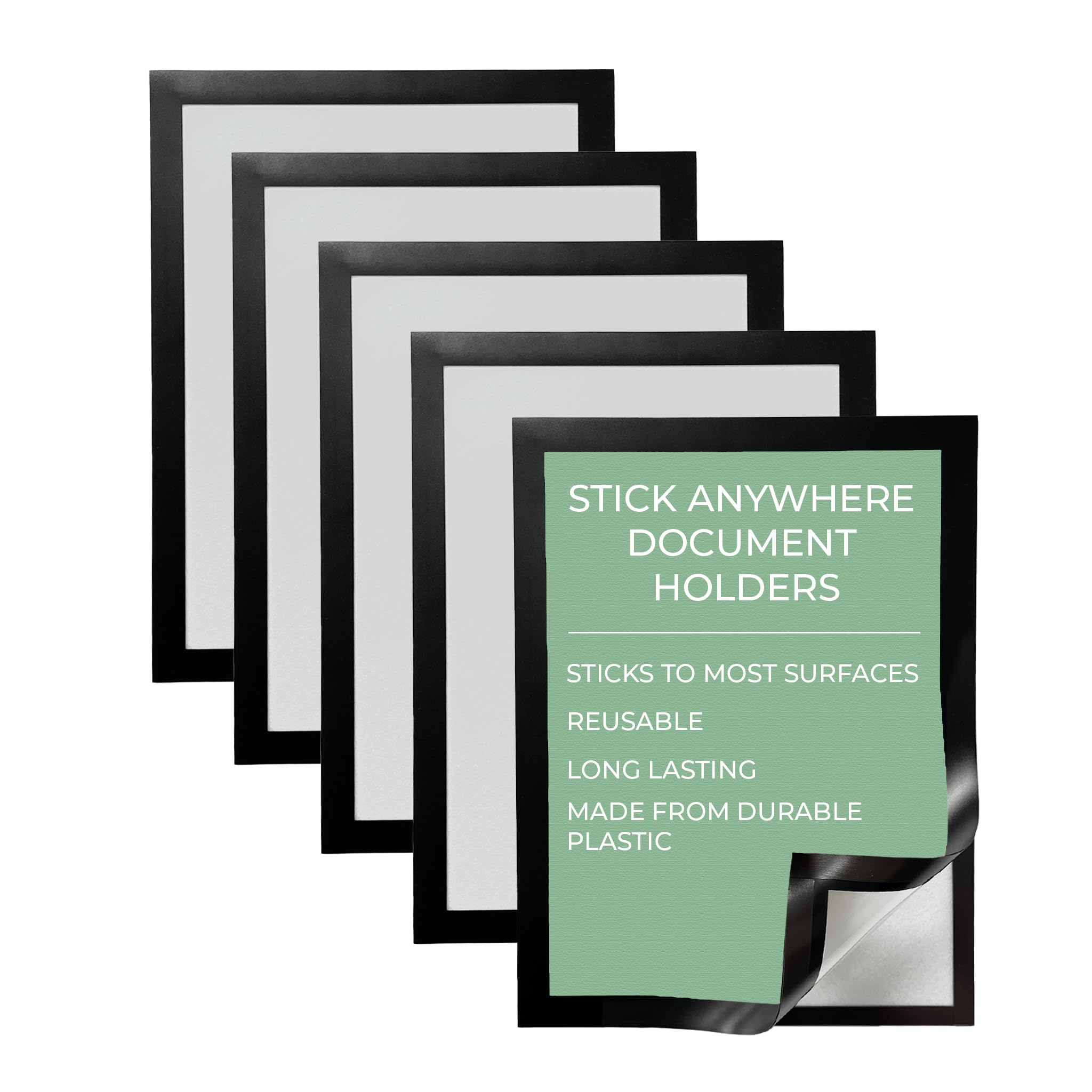Reusable Self-Adhesive Document Holder with Clear Magnetic Window | Low Tack | Semi-Permanent | Stick Anywhere | for Indoor Use (Pack of 5 Black, A4)