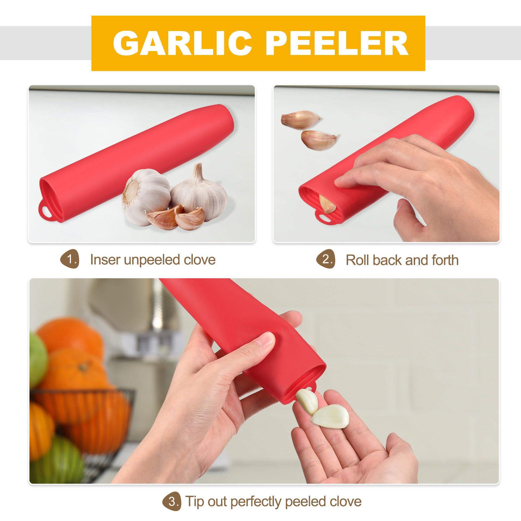 Tubo pelador de ajo de silicona, 2 piezas de rodillo de ajo, tubo de pelado de dientes de ajo, removedor de piel para herramientas útiles de cocina, color negro 7