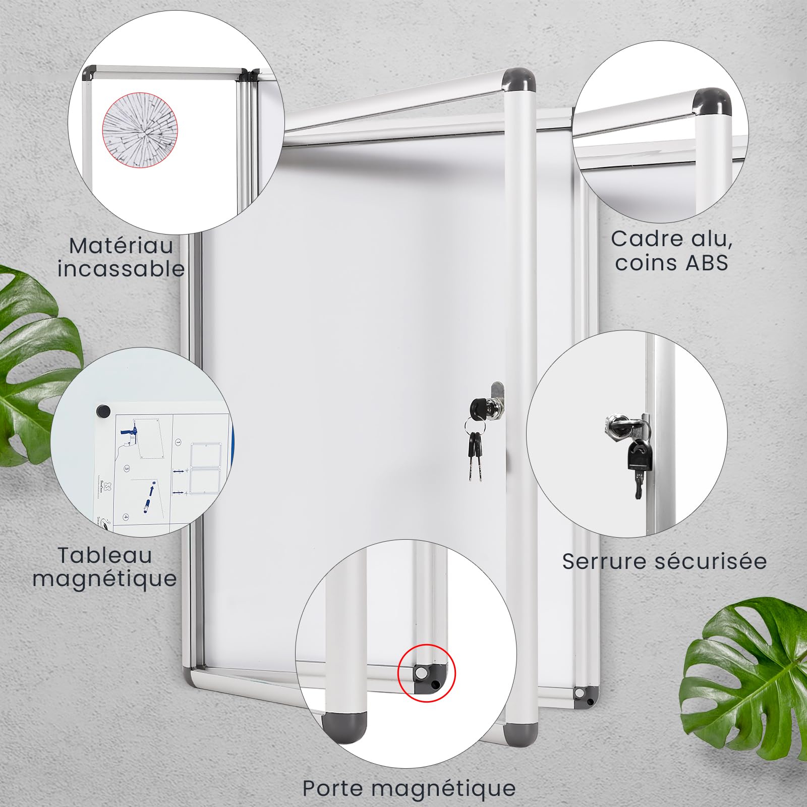 SWANCROWN Tableau affichage Mural, 4 x A4, Vitrine d’affichage avec serrure | Verrouillable, Intérieur, Magnétique, Dos du tableau blanc, Panneau d'affichage pour bureaux, restaurant, Magasin, 67x50cm