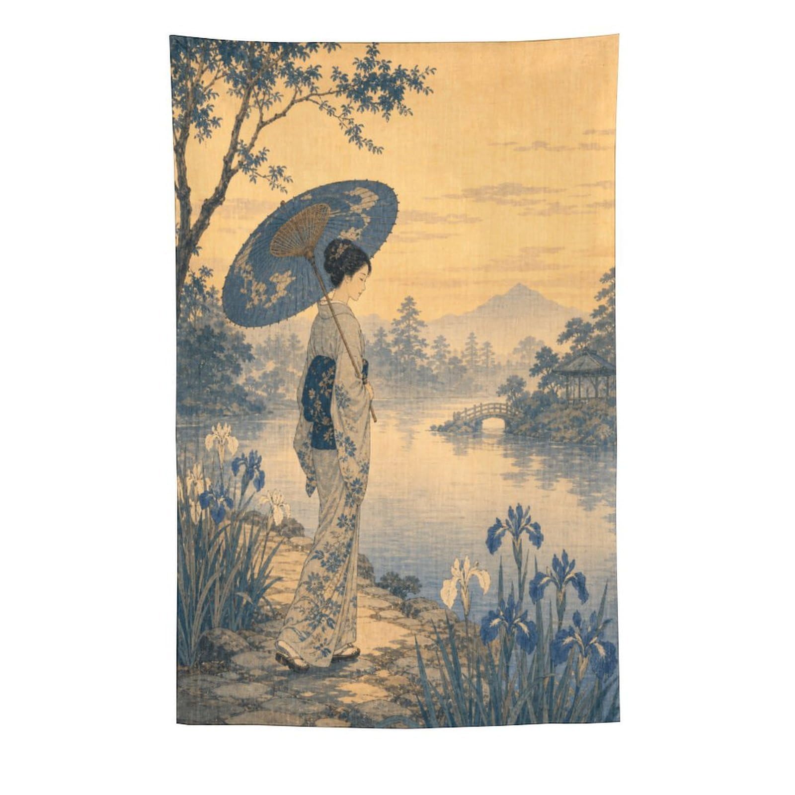 H3B8U2Y5 Woman with Parasol by Lake Wall Tapestry, Ukiyo-e, Dorm Room