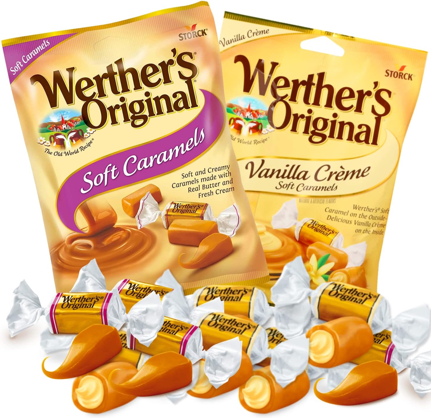 Werther's Original Vanilla Crème and Caramel Soft Chews, Individually Wrapped Chewy Candies for Party Favors or Office Jar Fillers, Pack of 2, 4.51 Ounces