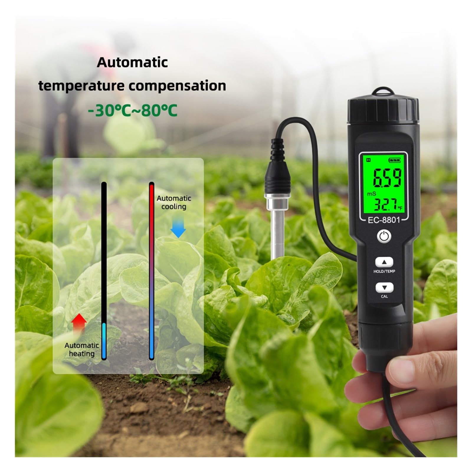 Probador de suelo Digital EC/Temp 0,00~10,00 mS/cm medidor de conductividad Sensor analizador de tierra con ATC jardín de plantación al aire libre,Rápido y preciso(EC-8801B)