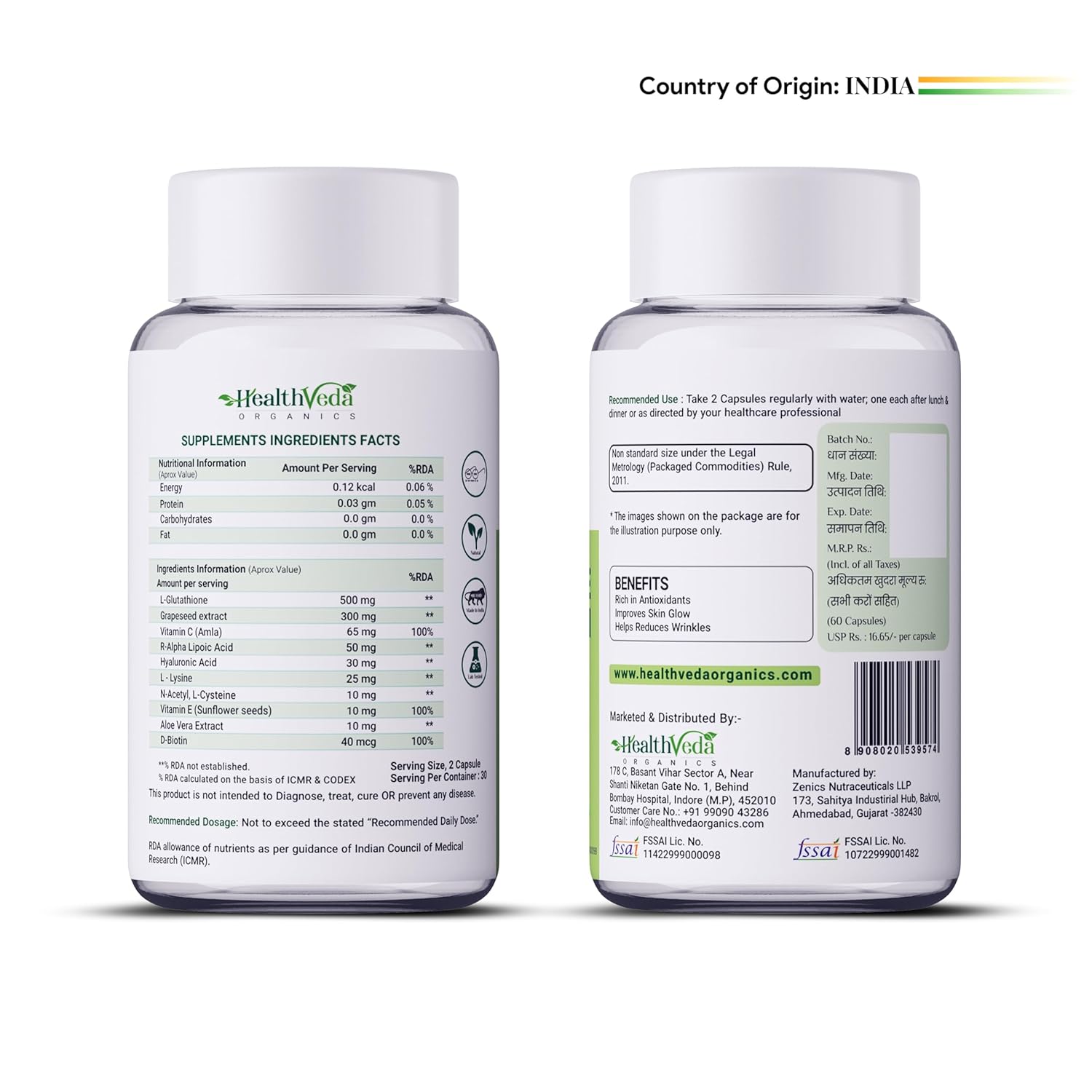 Health Veda Organics L-Glutathione 1000mg Capsules with Grape Seed Extract, Vitamin C, Vitamin E, Alpha Lipoic Acid, Hyaluronic Acid, and Biotin for Skin Glow & Antioxidant Support - 60 Veg Capsules Health Veda Organics L-Glutathione 1000mg Capsules with Grape Seed Extract, Vitamin C, Vitamin E, Alpha Lipoic Acid, Hyaluronic Acid, and Biotin for Skin Glow & Antioxidant Support - 60 Veg Capsules