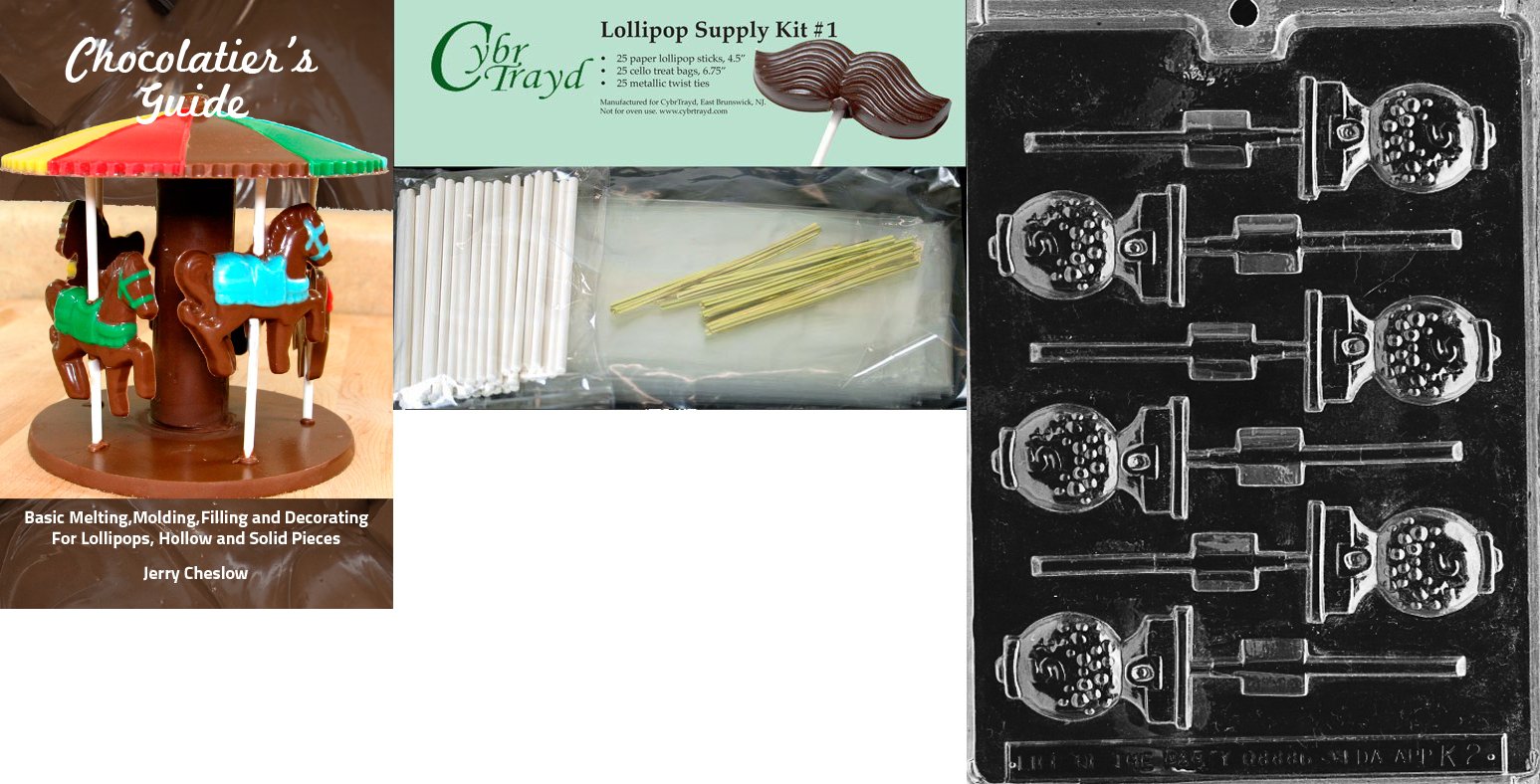 Cybrtrayd 'Bubblegum Lolly Kids' Chocolate Candy Mold with Chocolatier's Bundle of 25 Lollipop Sticks, 25 Cello Bags, 25 Gold Twist Ties and Instructions