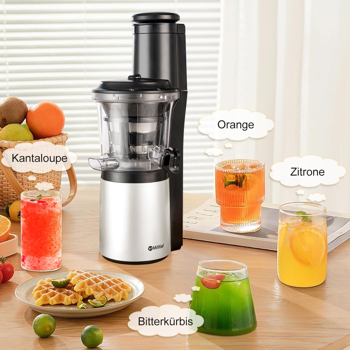 Wiltal Slow Juicer, Elektrischer Entsafter für Obst, Gemüse, Granatapfel, Zitrusfrüchte, Sorbet. 76-mm-Futterschacht mit Weitem Mund, BPA-frei, 150 W, Schwarz Weiß