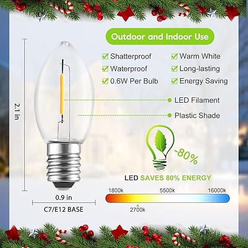 Miniatura 2 de Brightown Paquete de 50 bombillas LED C7 de Navidad, bombillas de repuesto C7 de plástico, base de candelabro E12, bombillas comerciales regulables