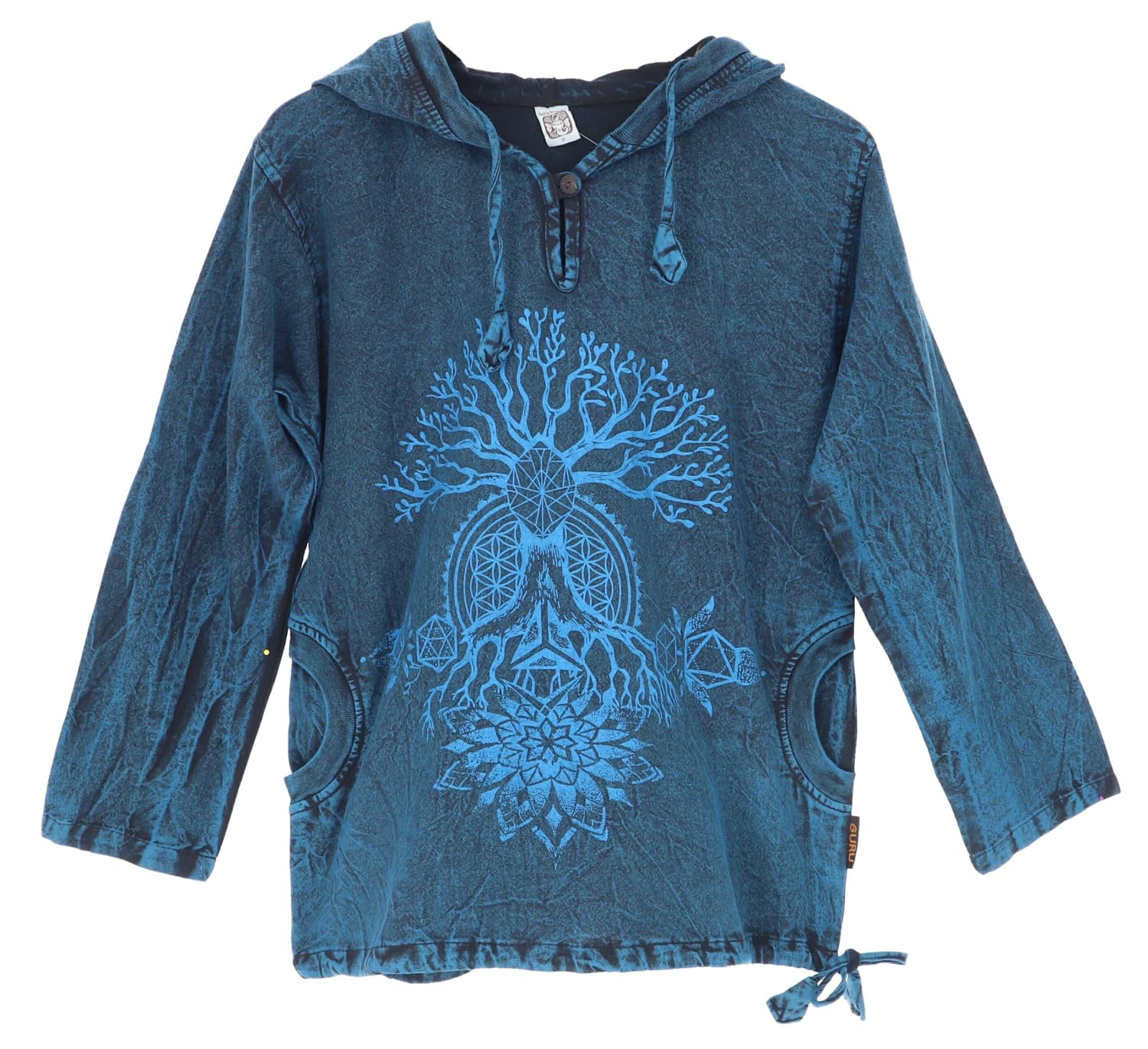 GURU SHOP Koszulka z kapturem do jogi, Stonewash Hoodie, koszulka festiwalowa, męska, bawełna