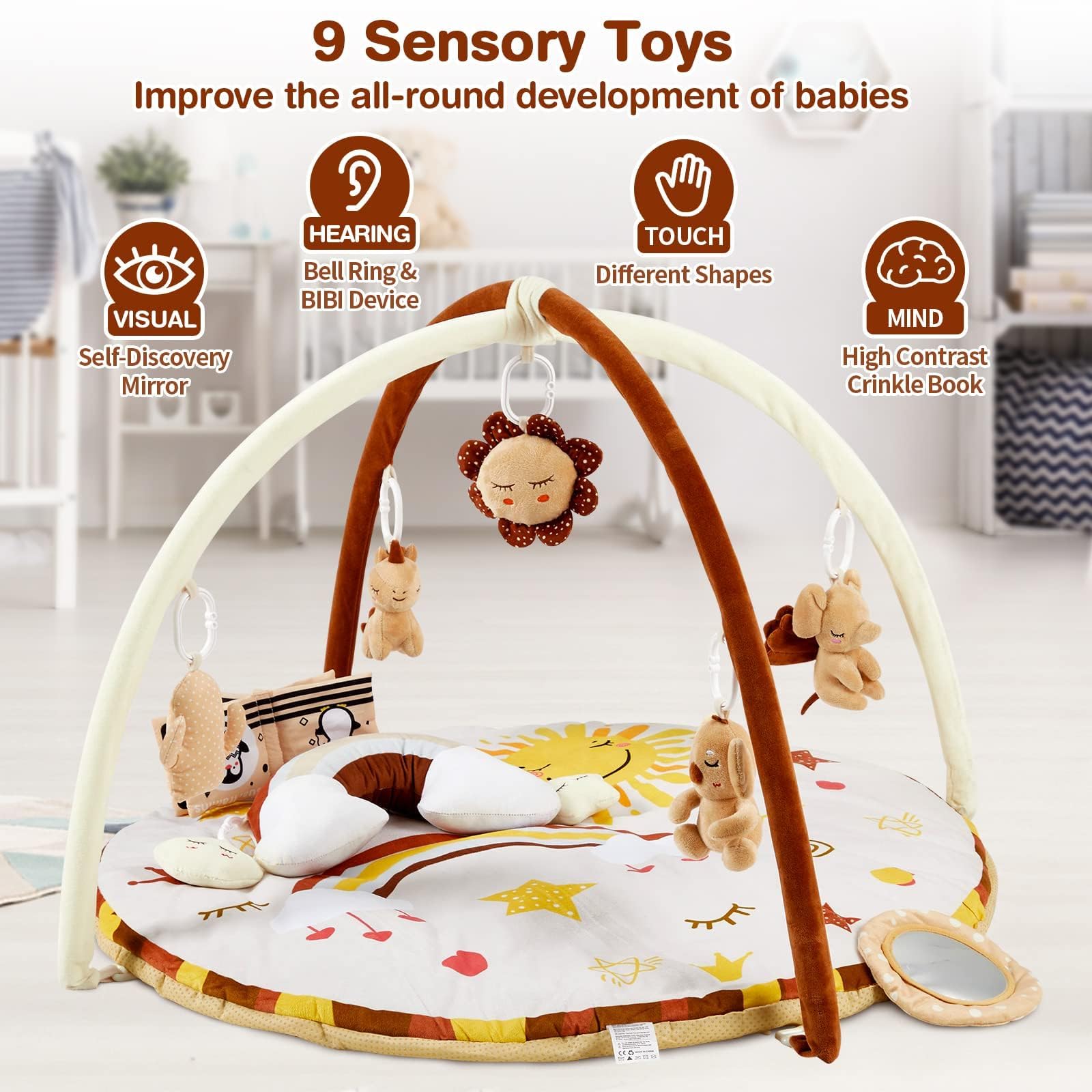 Spielbogen für Baby, Krabbeldecke, Spieldecke, Spielmatte, Baby Gym Spielmatte, Spieldecke, Krabbeldecke, Aktivitätsmatte, mit 9 abnehmbaren sensorische Spielzeuge