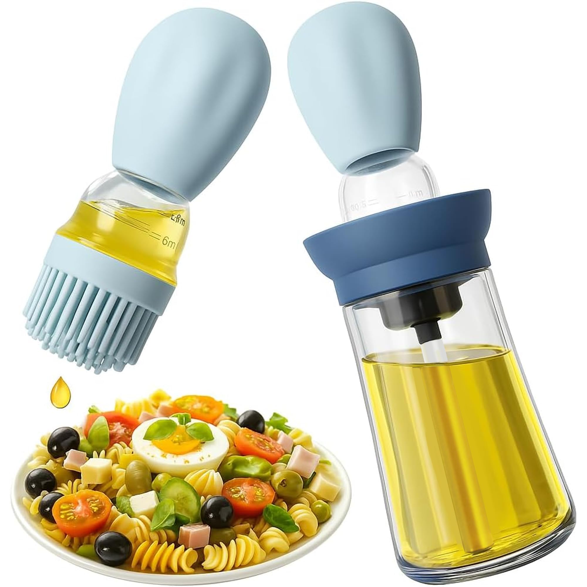 Uryxery Blue Oil Dispenser With 3-Layer Brush, 180Ml Sky Glass Olive Bottle For Kitchen, Adjustable Press Sprayer For Bbq, Cooking, Baking (Blue)