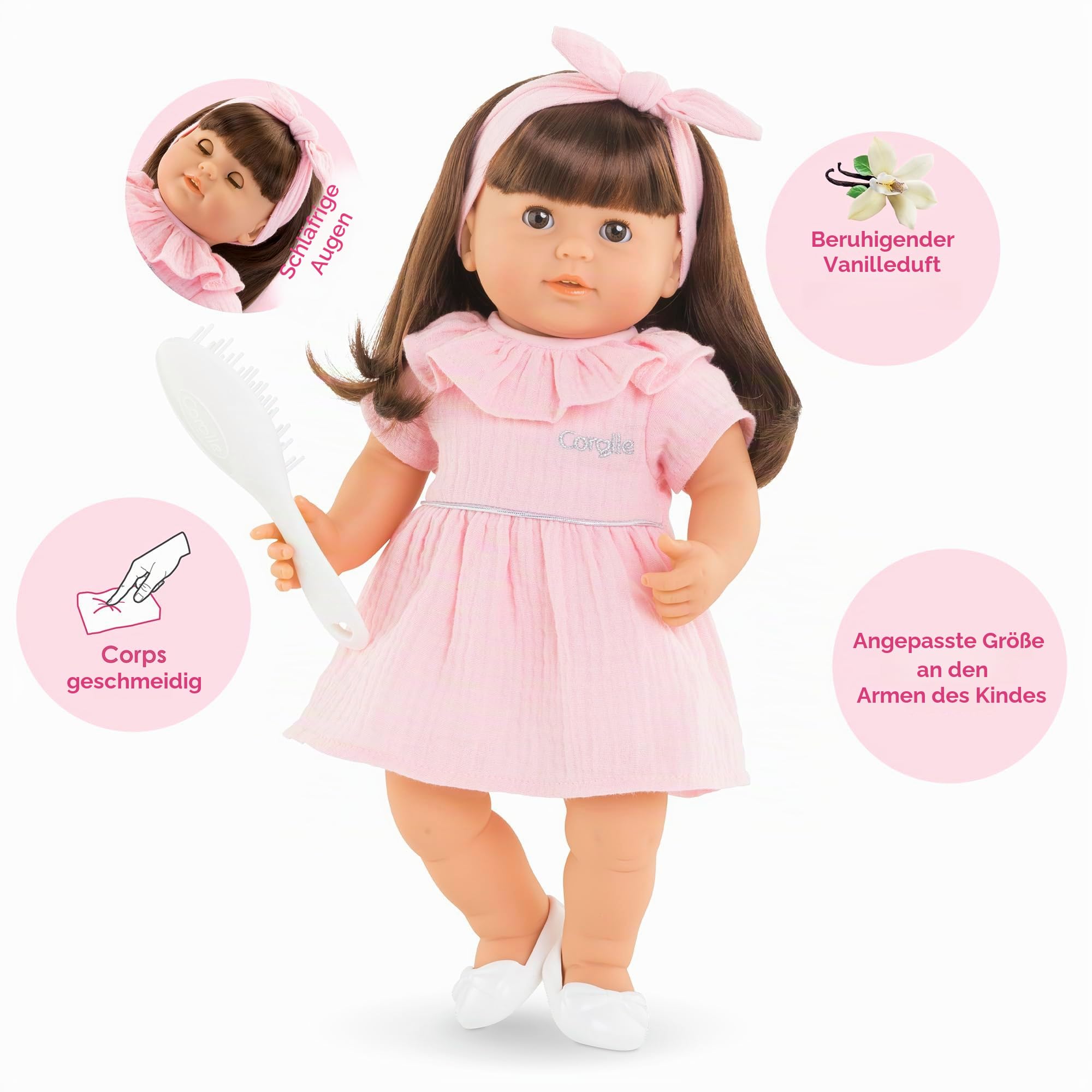 Corolle Mon Grand Poupon Julie, 36cm Weichkörperpuppe mit langem braunen Haar, inkl. Bürste, Schlafaugen, kann sitzen, Vanilleduft, ab 3 Jahren