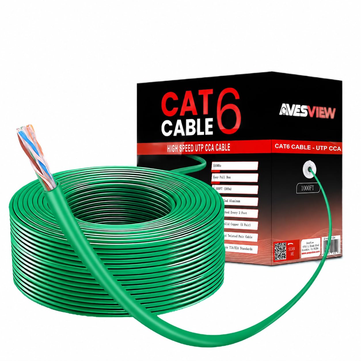 Cavo Ethernet CAT 6 da 304,8 m per interni, facile da tirare, 10 Gbps, di alta qualità, ad alta velocità, cavo CAT6 da 304,8 m, in alluminio rivestito in rame non schermato, (CCA) 23 AWG, 550