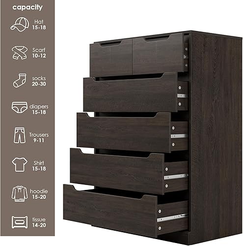 Miniatura 7 de HOSTACK Cómoda moderna de 6 cajones para dormitorio, cómoda alta con almacenamiento, organizador grande de almacenamiento de madera con asa