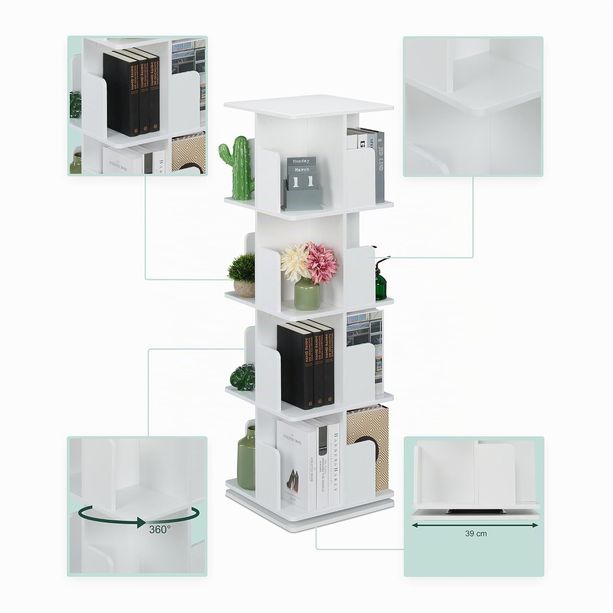 Relaxdays Libreria Girevole, 4 Ripiani, Scaffale Porta Libri, CD, Dvd, Torre Colonna Rotante HLP: 125,5x39x39 cm, Bianco