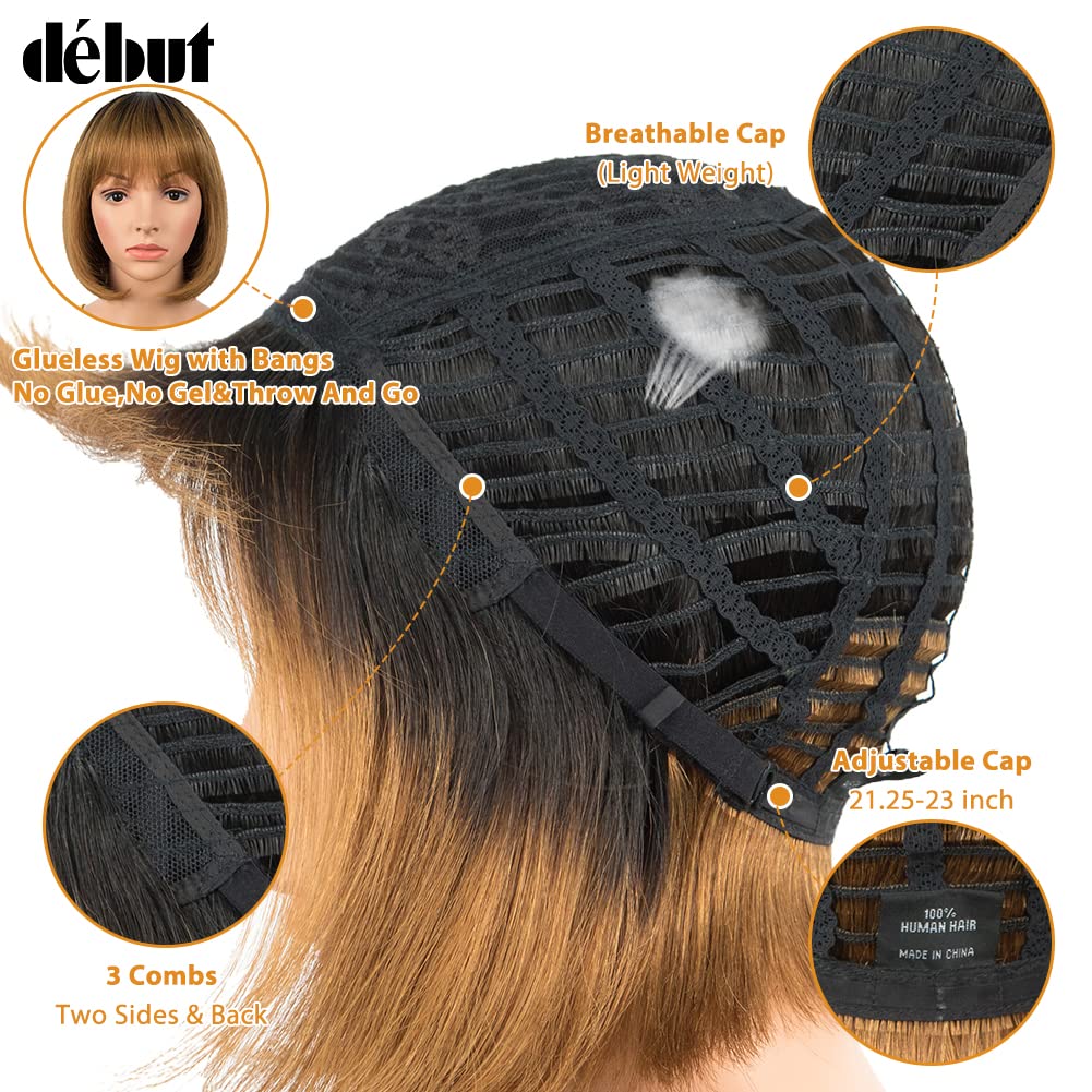 DÉBUT Parrucche Bob Corte per Donne Nere Parrucche di Capelli Umani con Frangia Taglio Pixie Capelli Vergini Brasiliani di Remy 20 cm 103g (20 cm, TT1B/30)