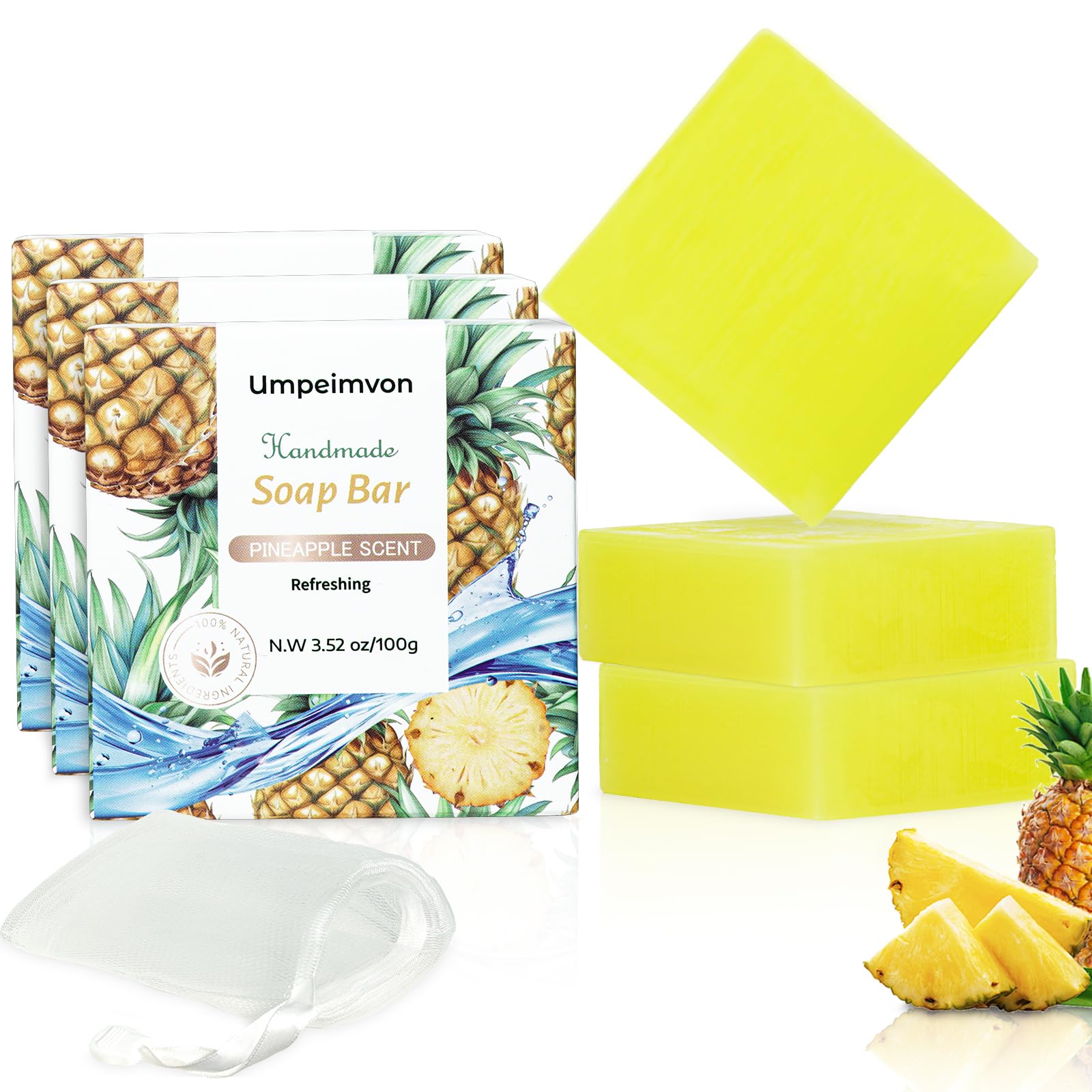 3 Pack Natural Bar Soap Handmade Soap, Vitamin C & E Infused Organic Body Soap Bars for All Skin Type, Pineapple Vegan Bath Soap Bars Refresh Face Body